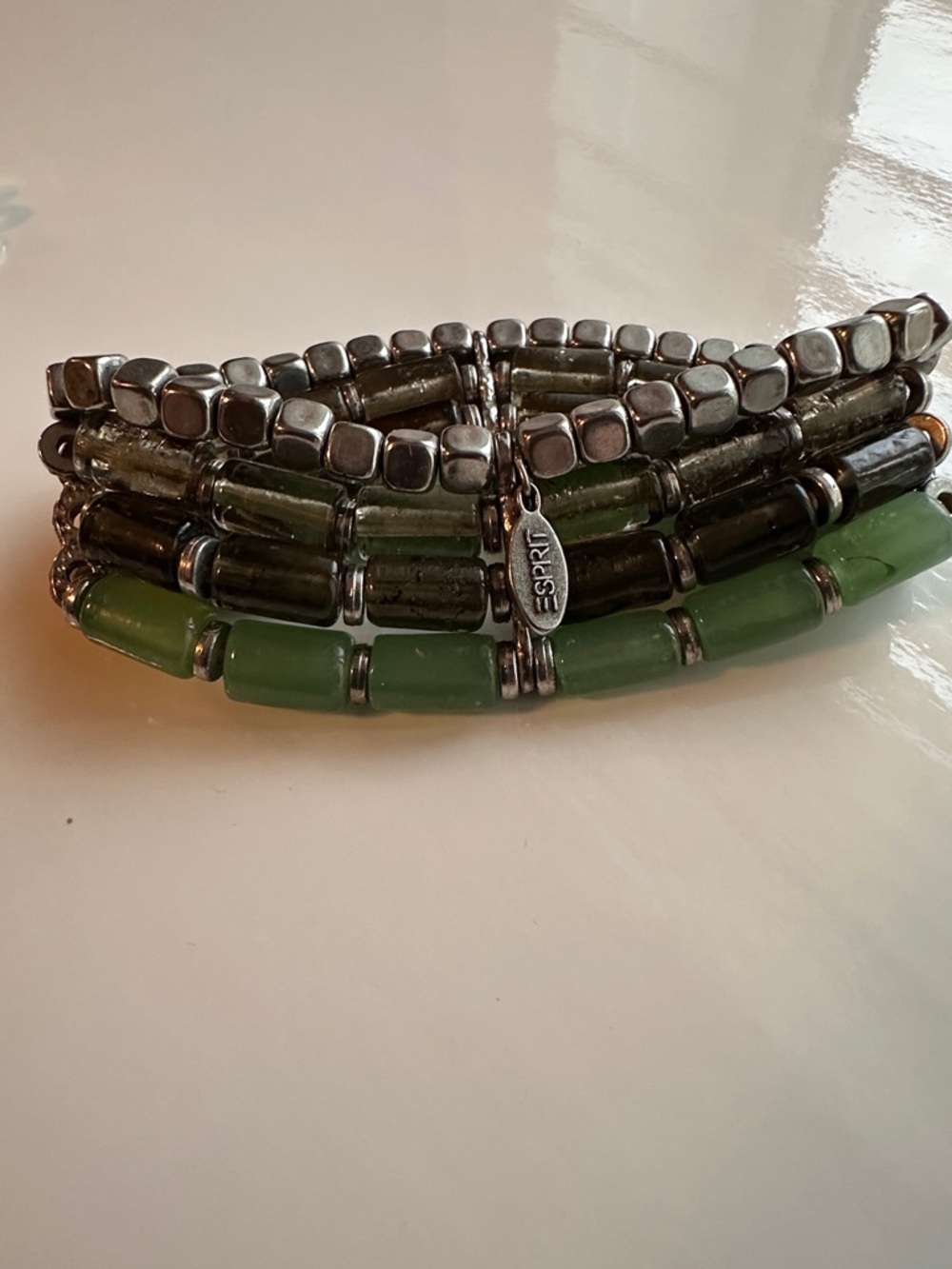 Esprit Expandable Green and Silver Layered Beaded Bracelet